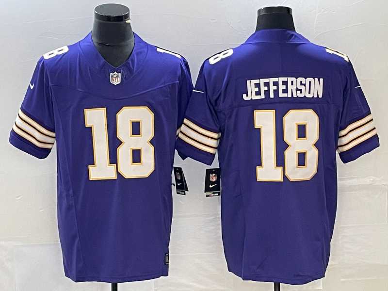 Mens Minnesota Vikings #18 Justin Jefferson Purple 2023 FUSE Vapor Limited Throwback Stitched Jersey